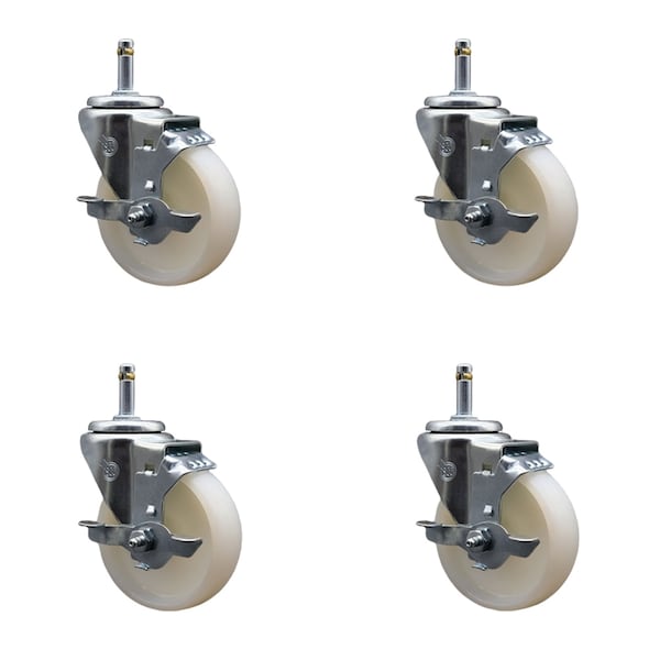 4'' Nylon Wheel Swivel 7/16'' Grip Ring Stem Caster Set with Brake, 4PK